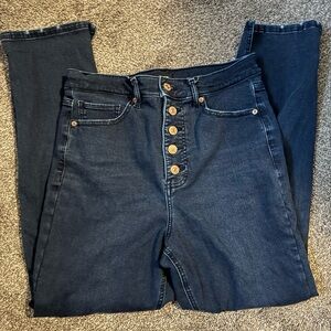 Express High Rise Button-Fly Jeans in Deep Blue